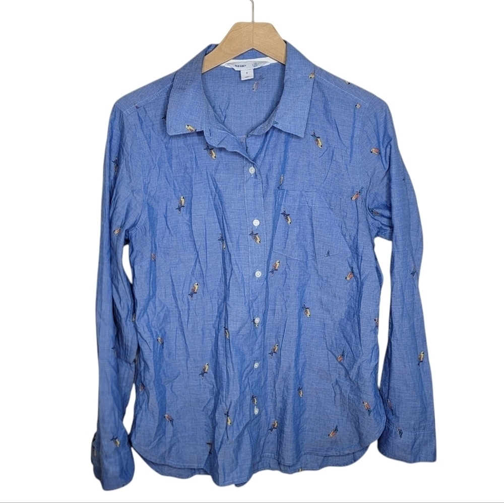 Old Navy The Classic Shirt in Chambray Embroidered Parrots Birds Size Medium
